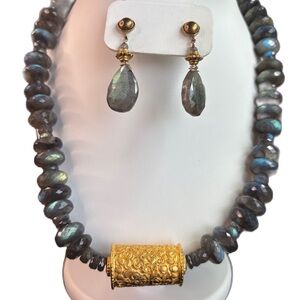 Handmade Blue Flash Labradorite Necklace & Earrings with a Vermeil Focal Point